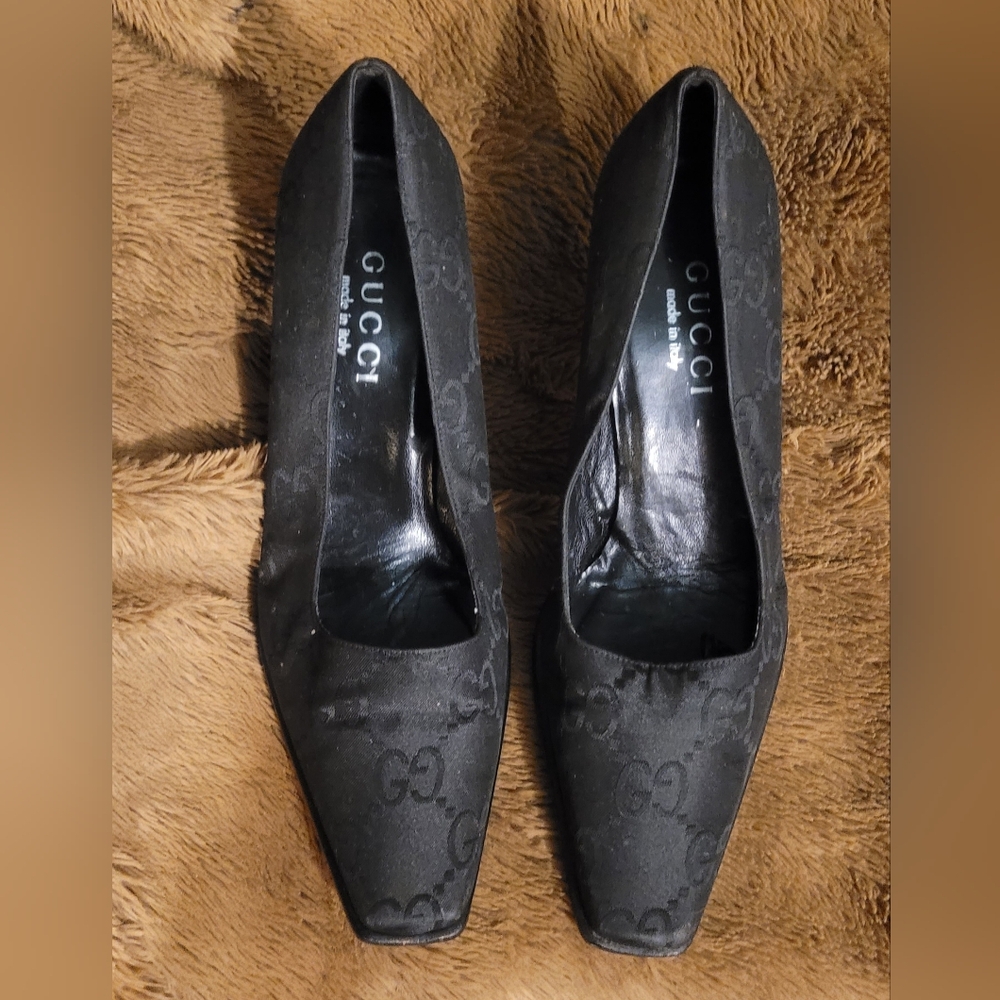 Gucci WOMEN CLOTH LEATHER BLACK CHUNKY Black Heels AUTHENTIC - Picture 3 of 13